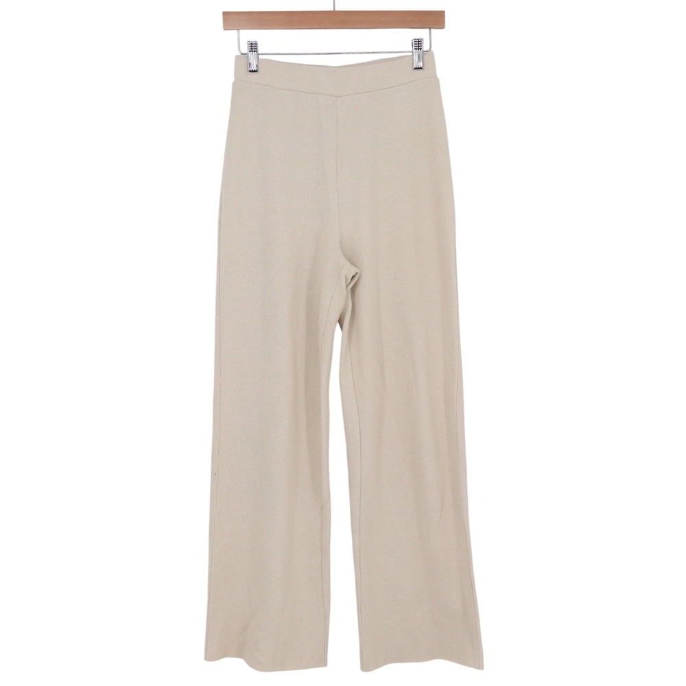 Zara Pants Womens S Ribbed Knit Wide Leg Beige High Rise Casual Good